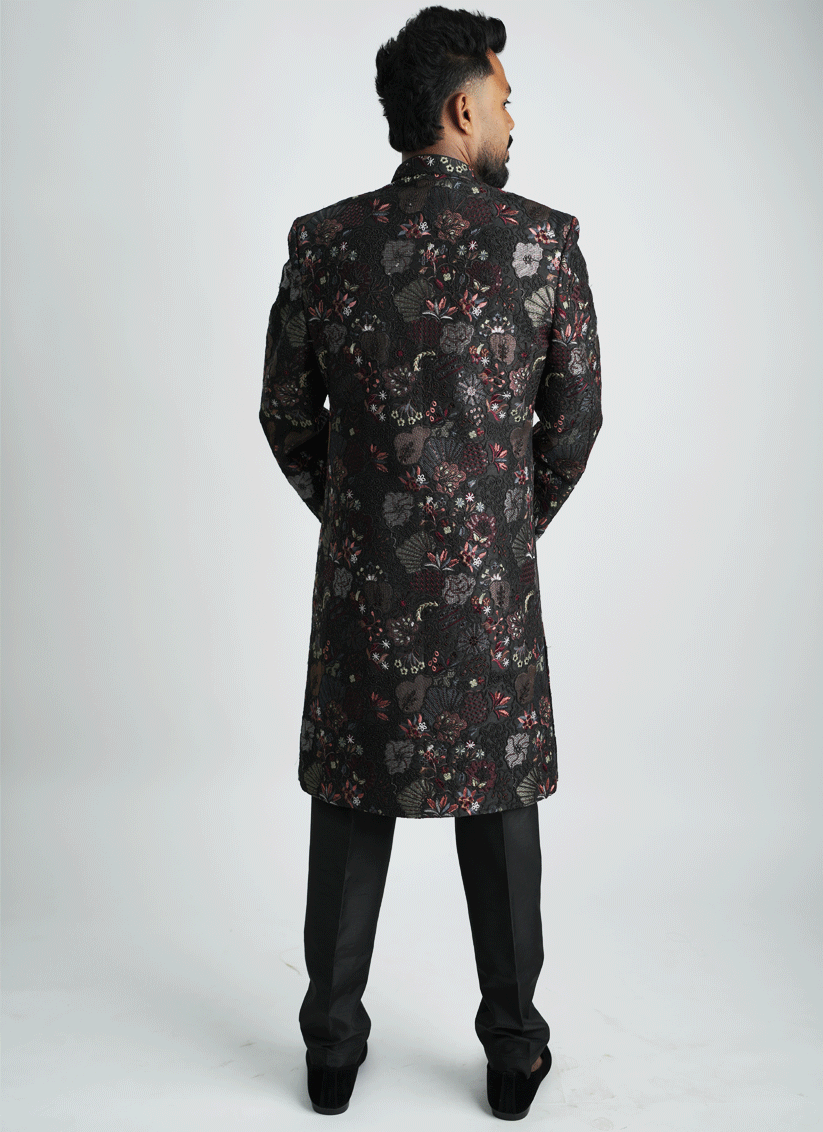 Black Floral Jacquard Nawabi Set Indo-Western