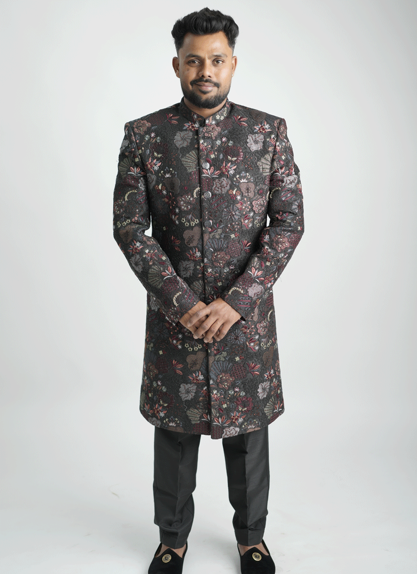 Black Floral Jacquard Nawabi Set Indo-Western