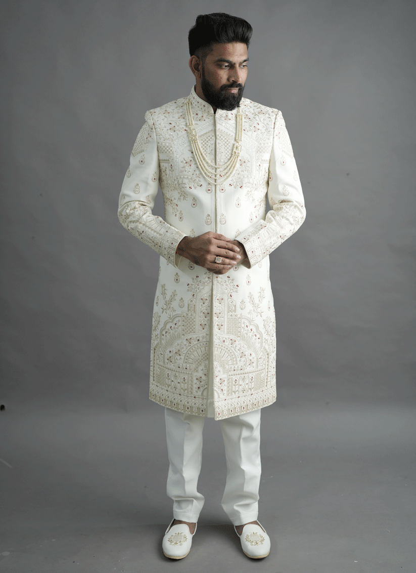 Off White Jacquard Silk Hand Embroidery, Thread & Sequin Work Sherwani