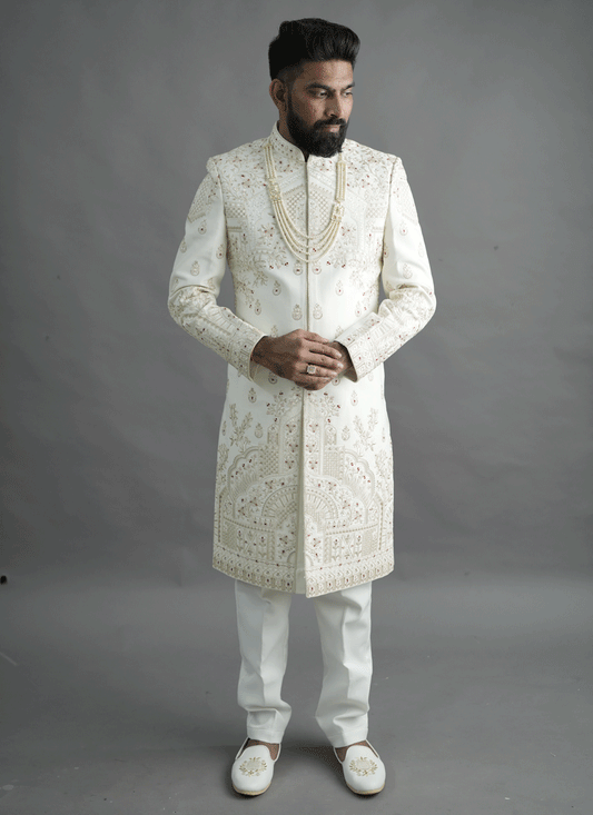 Off White Jacquard Silk Hand Embroidery, Thread & Sequin Work Sherwani
