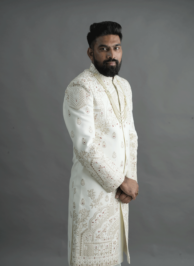 Off White Jacquard Silk Hand Embroidery, Thread & Sequin Work Sherwani