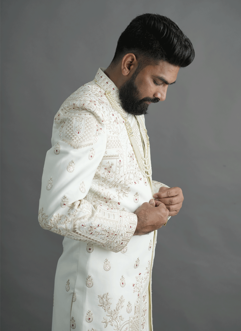 Off White Jacquard Silk Hand Embroidery, Thread & Sequin Work Sherwani