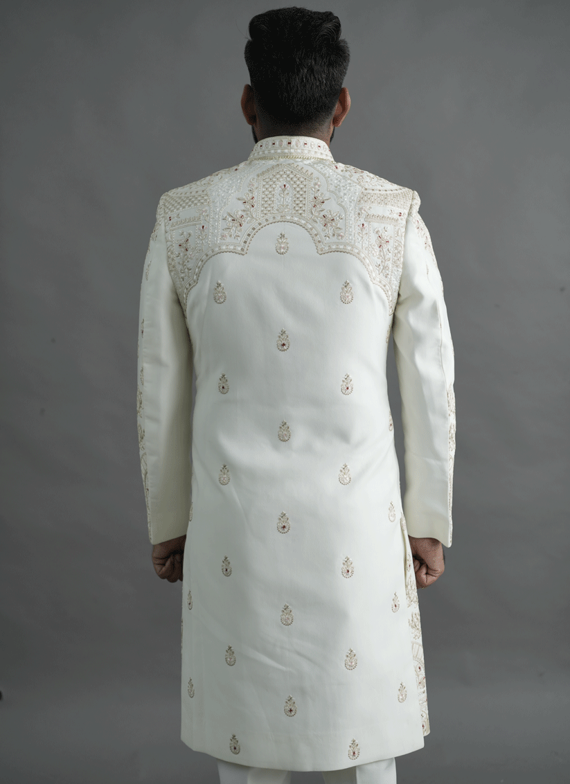 Off White Jacquard Silk Hand Embroidery, Thread & Sequin Work Sherwani