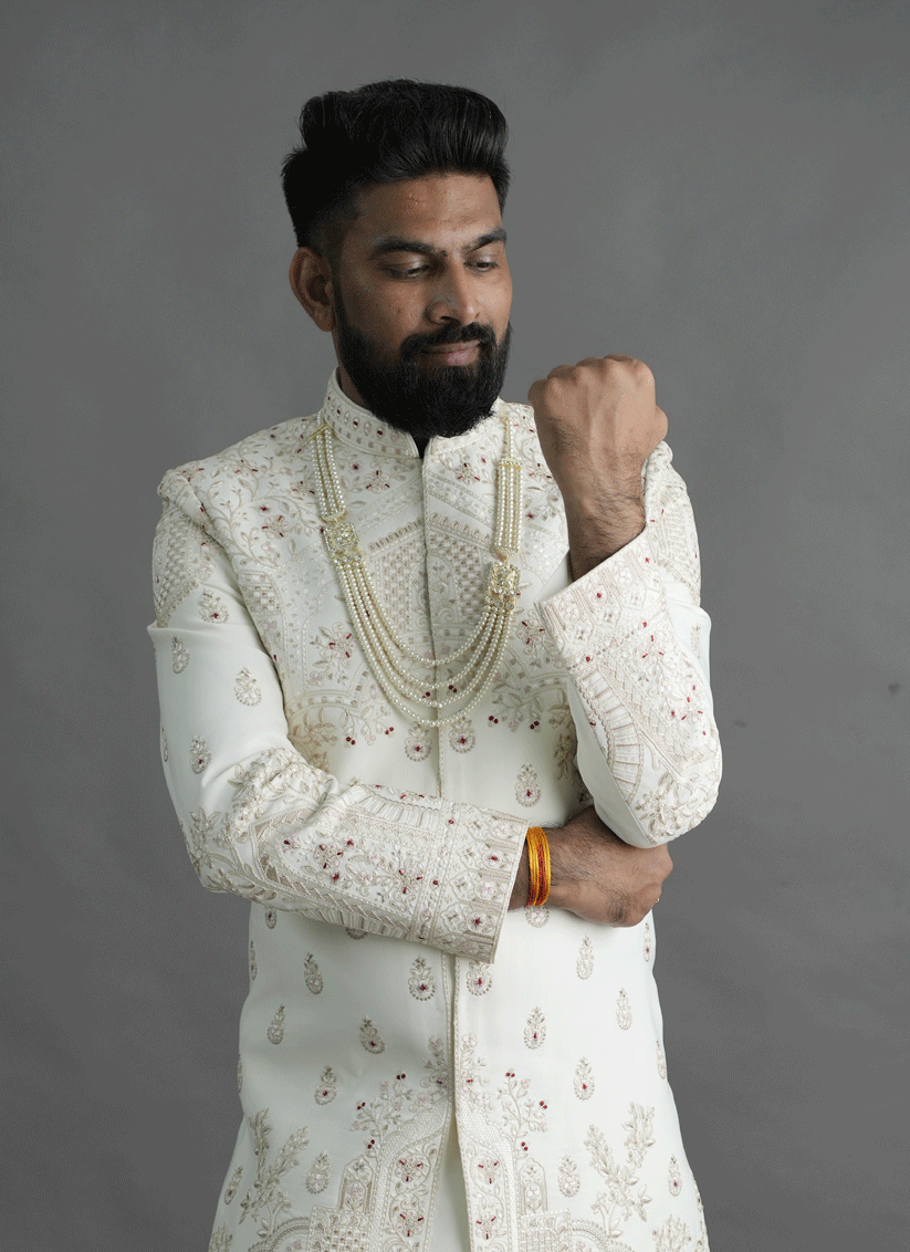 Off White Jacquard Silk Hand Embroidery, Thread & Sequin Work Sherwani
