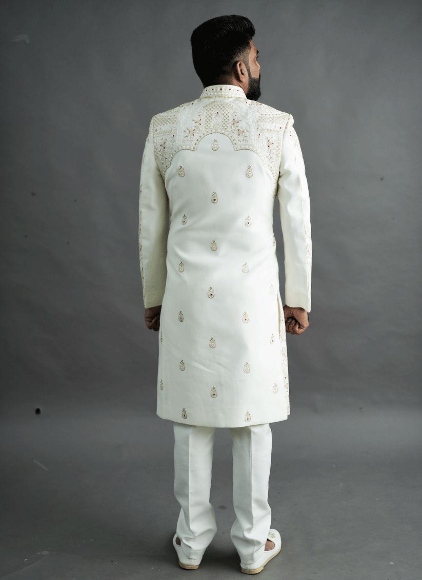 Off White Jacquard Silk Hand Embroidery, Thread & Sequin Work Sherwani