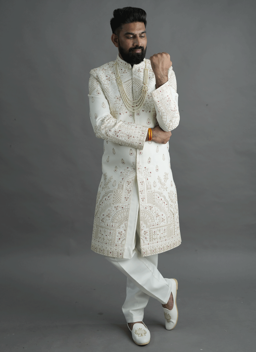Off White Jacquard Silk Hand Embroidery, Thread & Sequin Work Sherwani