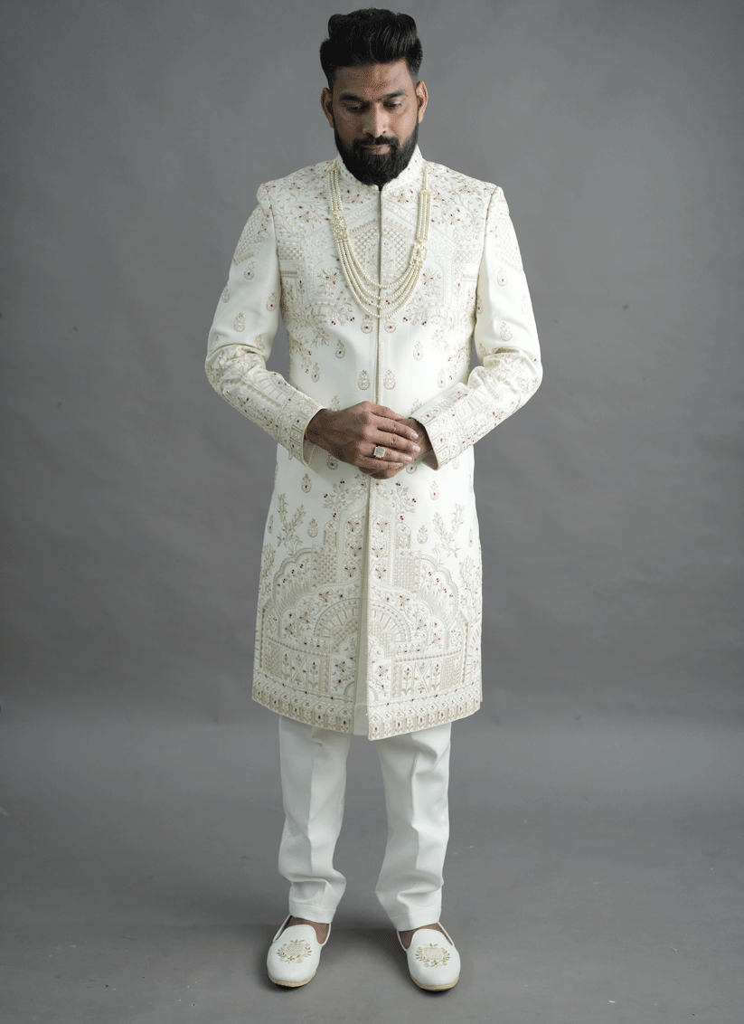Off White Jacquard Silk Hand Embroidery, Thread & Sequin Work Sherwani