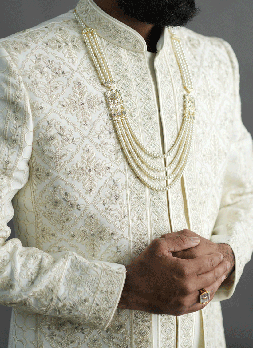 Off White Jacquard Silk Hand Embroidery & Thread Work Sherwani