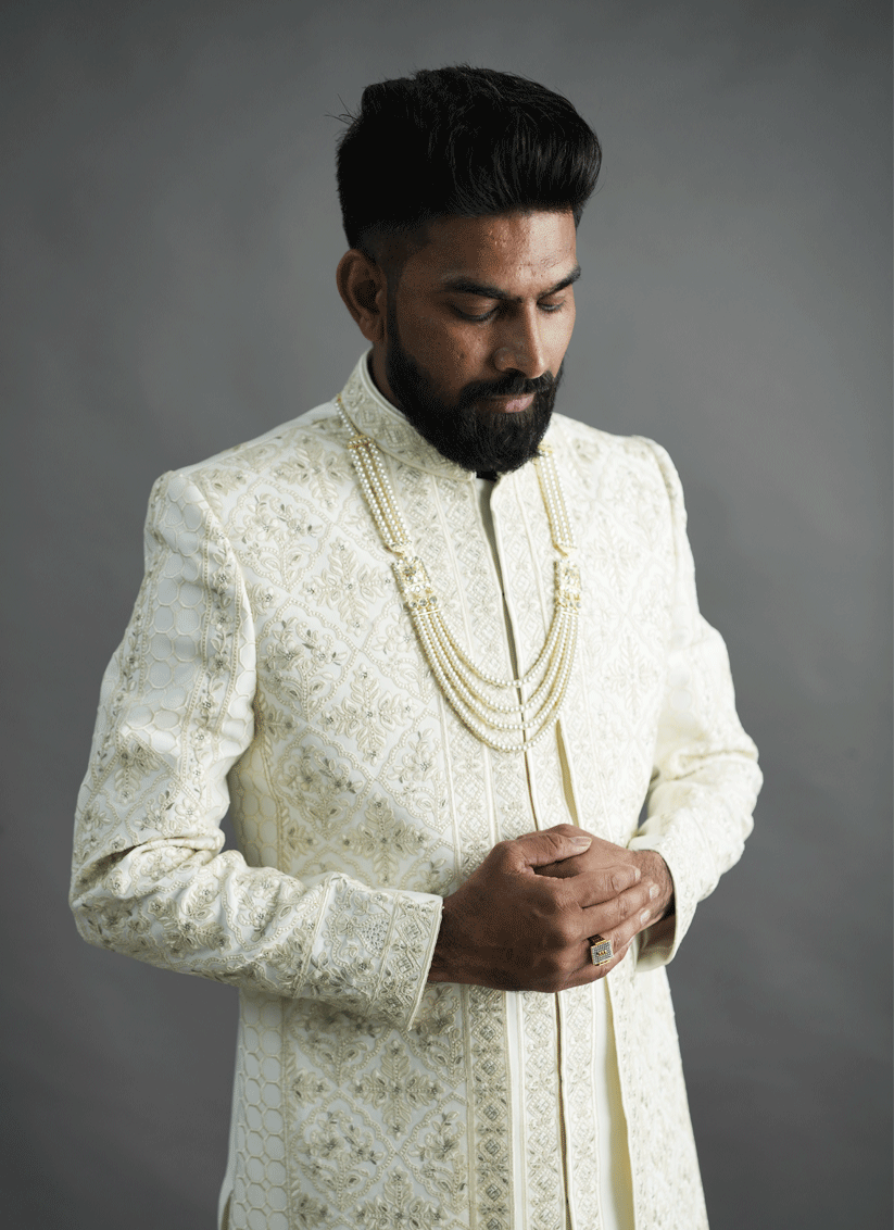 Off White Jacquard Silk Hand Embroidery & Thread Work Sherwani