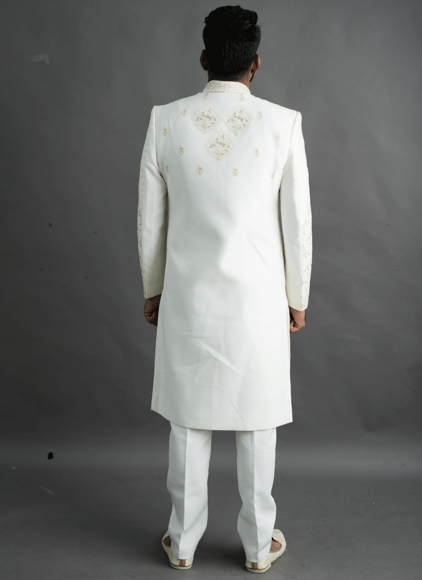Off White Jacquard Silk Hand Embroidery & Thread Work Sherwani
