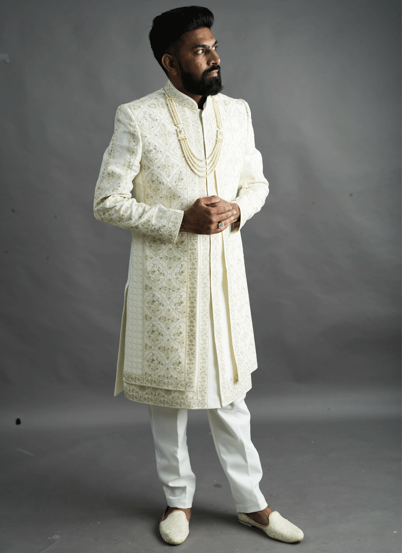 Off White Jacquard Silk Hand Embroidery & Thread Work Sherwani