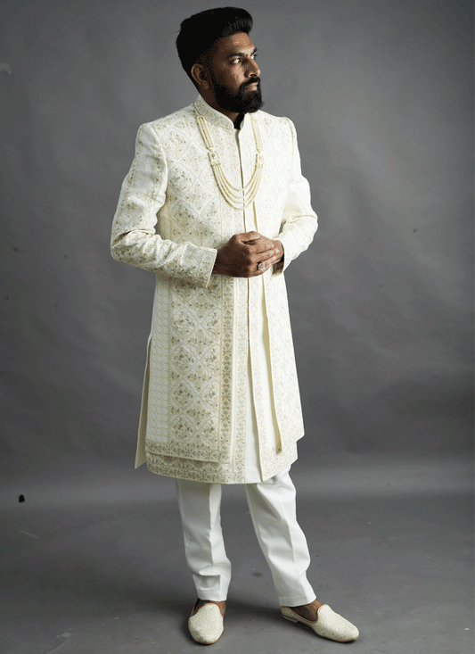 Off White Jacquard Silk Hand Embroidery & Thread Work Sherwani