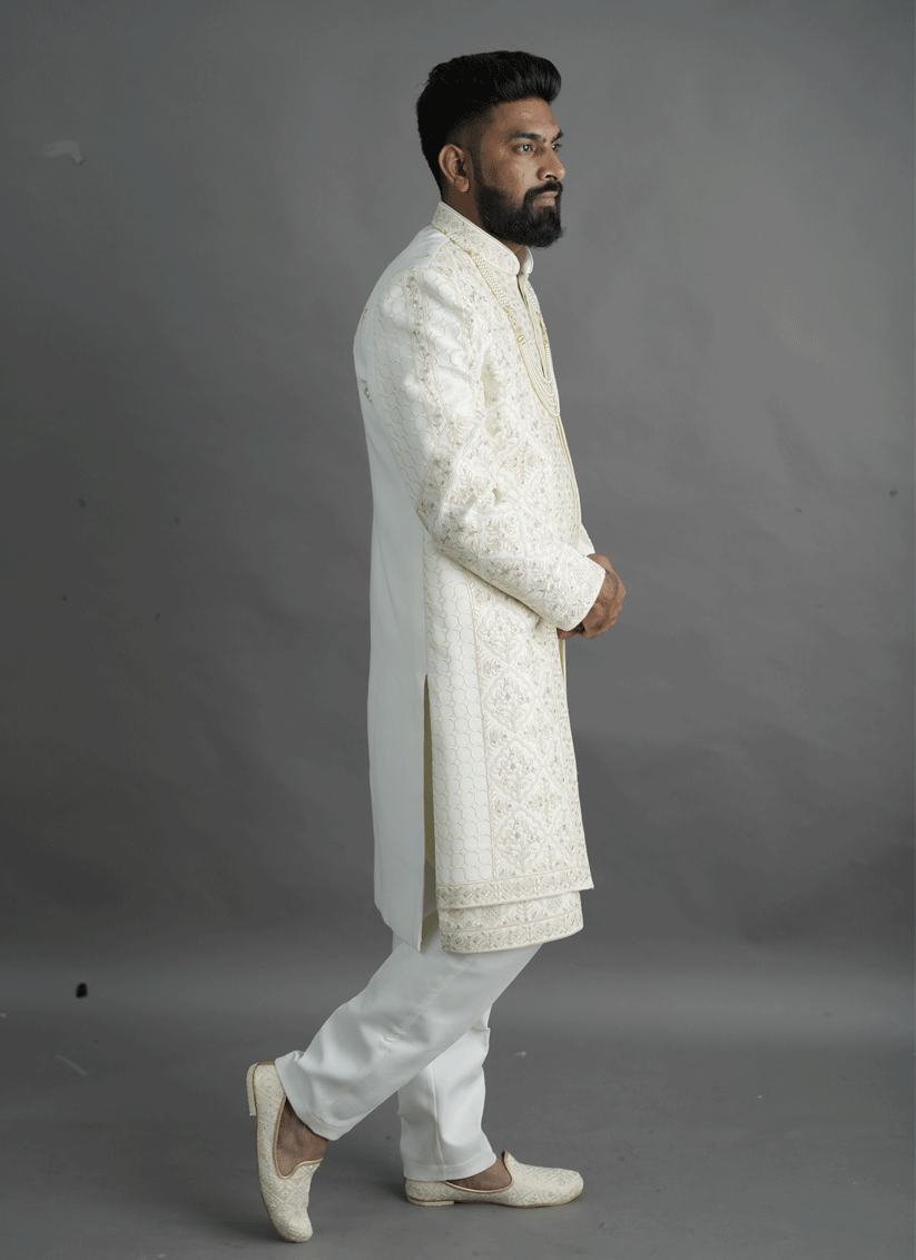Off White Jacquard Silk Hand Embroidery & Thread Work Sherwani