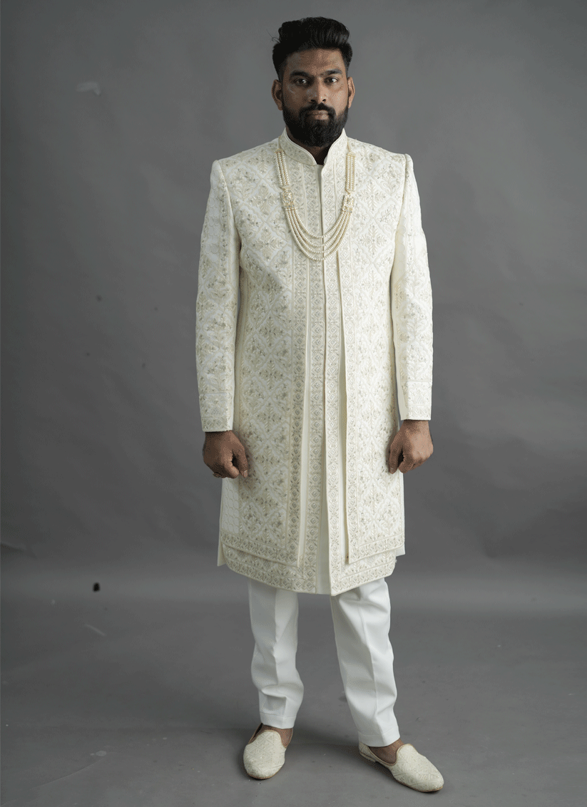 Off White Jacquard Silk Hand Embroidery & Thread Work Sherwani