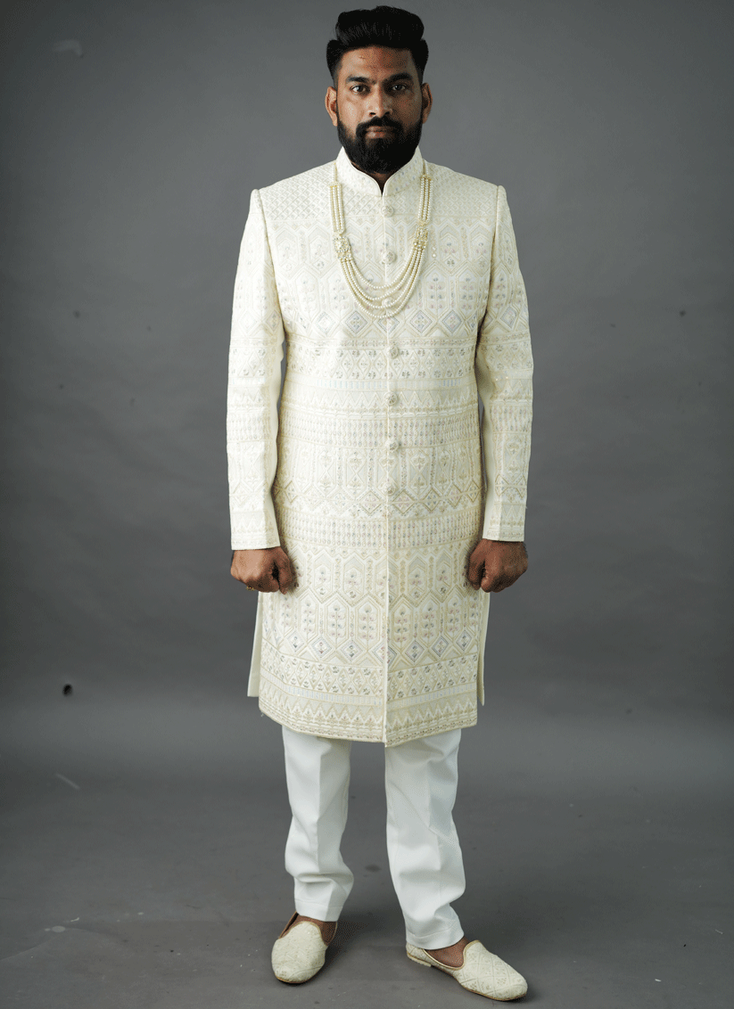 Off White Jacquard Silk Hand Embroidery, Thread & Sequin Work Sherwani