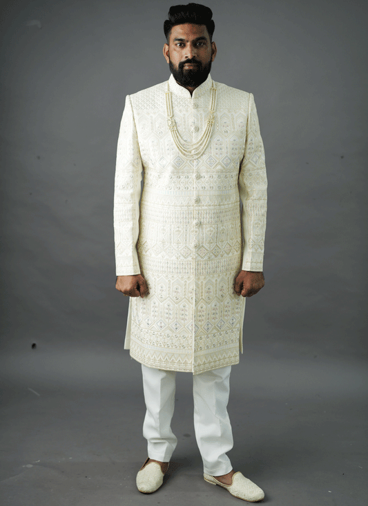 Off White Jacquard Silk Hand Embroidery, Thread & Sequin Work Sherwani