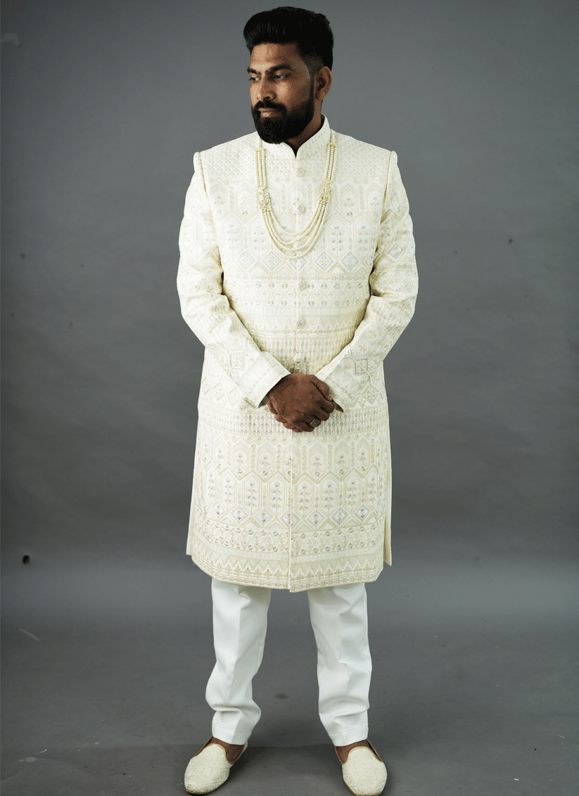 Off White Jacquard Silk Hand Embroidery, Thread & Sequin Work Sherwani