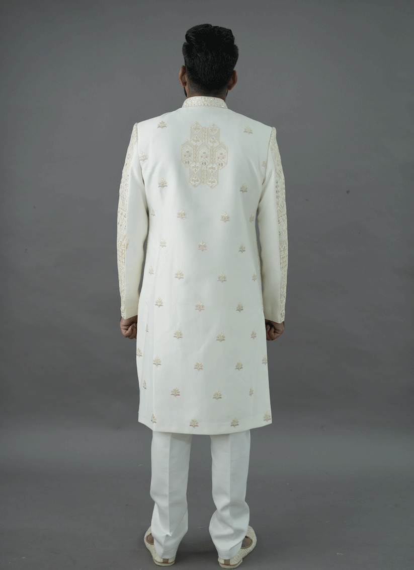 Off White Jacquard Silk Hand Embroidery, Thread & Sequin Work Sherwani