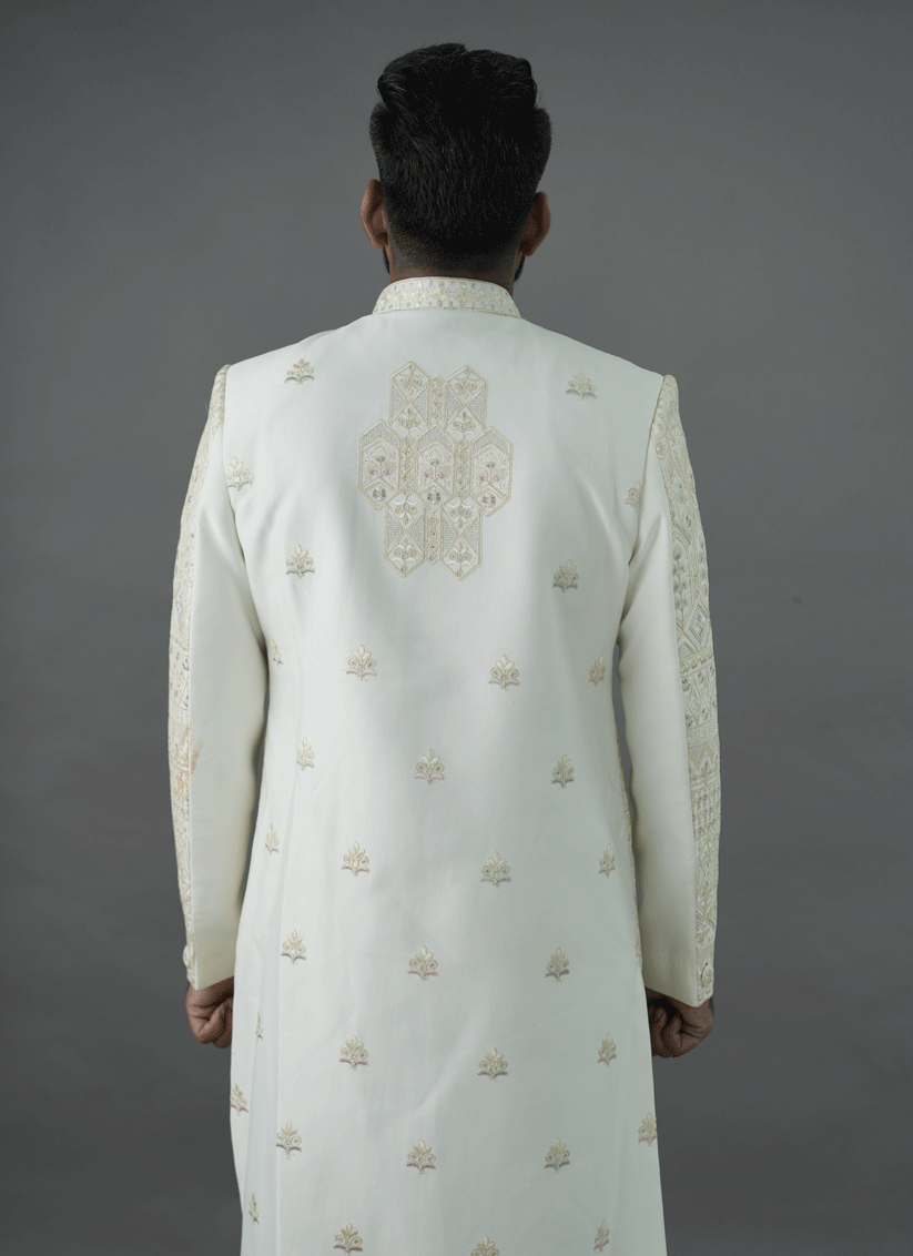 Off White Jacquard Silk Hand Embroidery, Thread & Sequin Work Sherwani