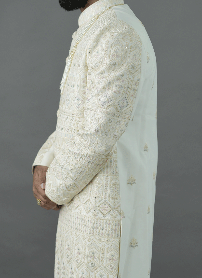 Off White Jacquard Silk Hand Embroidery, Thread & Sequin Work Sherwani