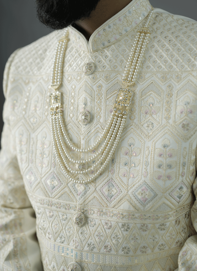 Off White Jacquard Silk Hand Embroidery, Thread & Sequin Work Sherwani
