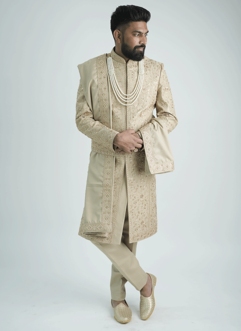 Peach Jacquard Hand Embroidery & Motif Work Sherwani