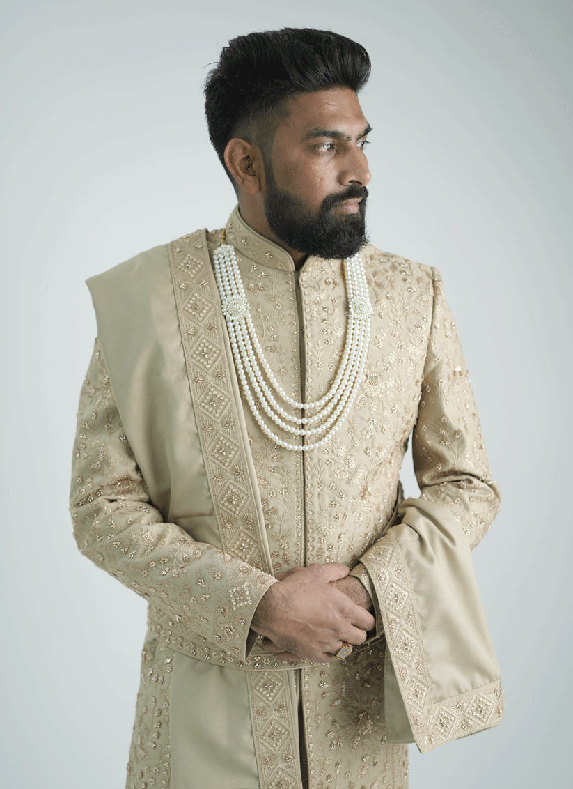 Peach Jacquard Hand Embroidery & Motif Work Sherwani
