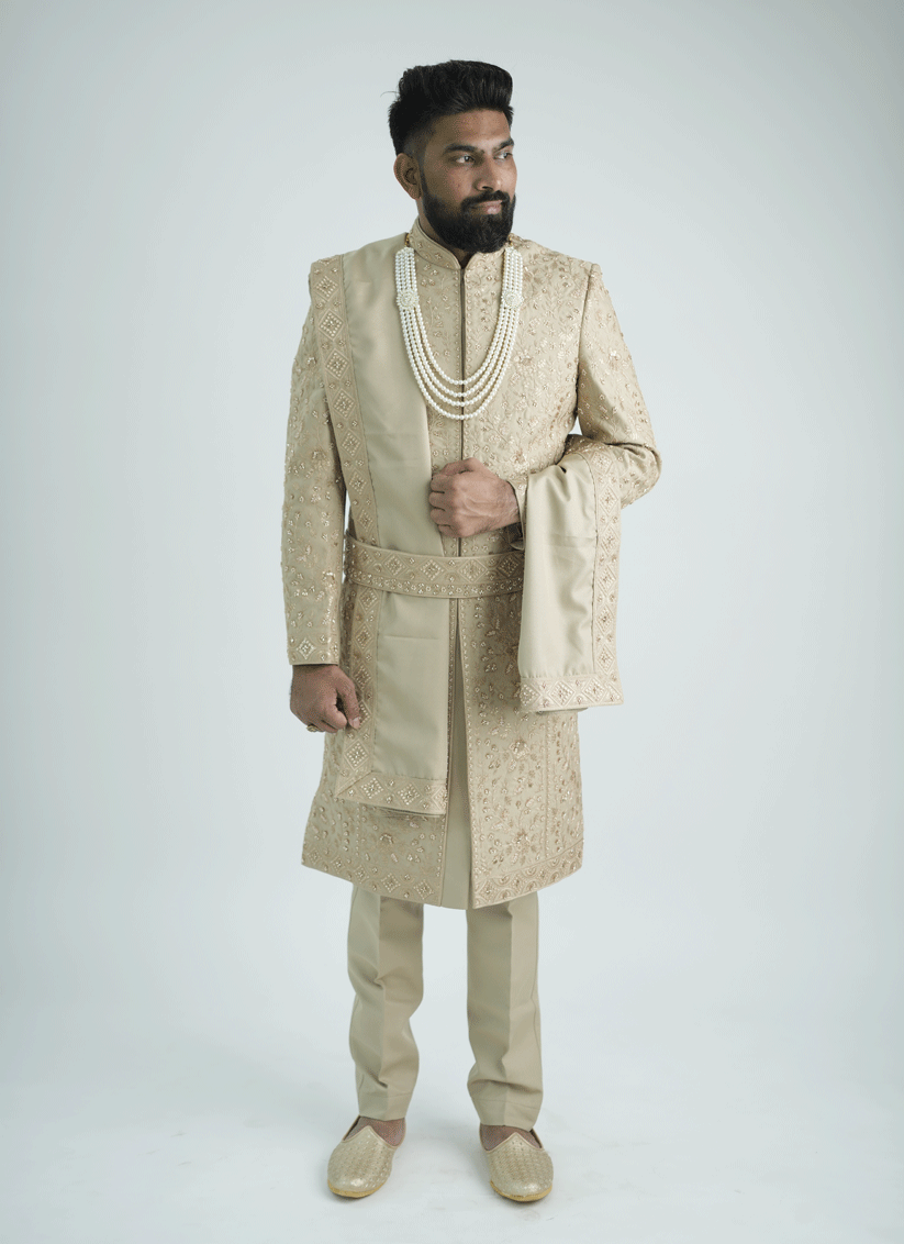 Peach Jacquard Hand Embroidery & Motif Work Sherwani