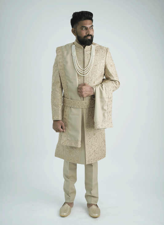 Peach Jacquard Hand Embroidery & Motif Work Sherwani