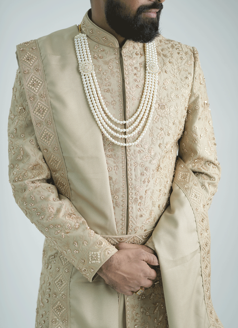 Peach Jacquard Hand Embroidery & Motif Work Sherwani
