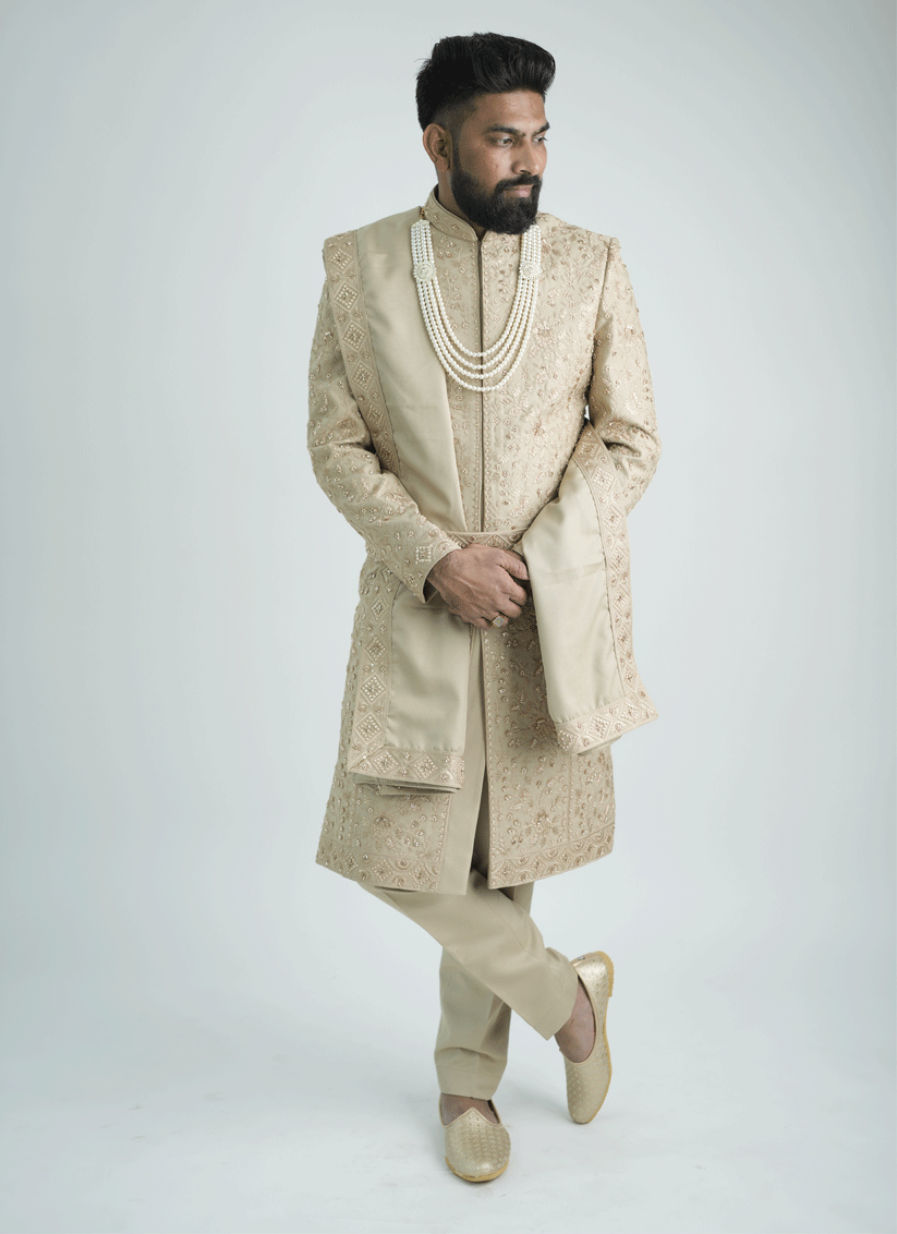 Peach Jacquard Hand Embroidery & Motif Work Sherwani