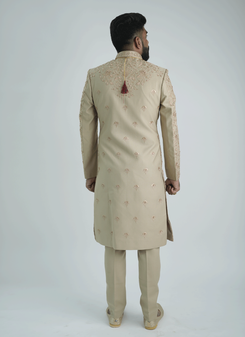 Peach Jacquard Hand Embroidery & Motif Work Sherwani
