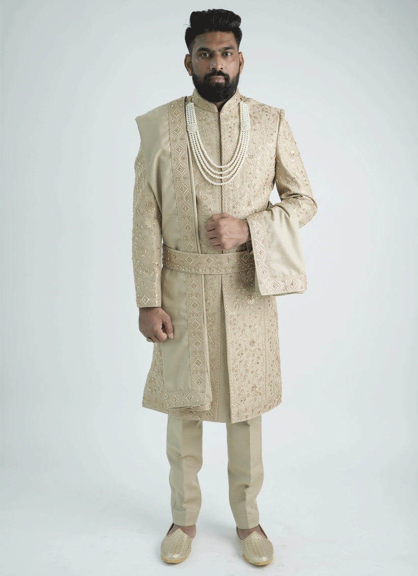 Peach Jacquard Hand Embroidery & Motif Work Sherwani
