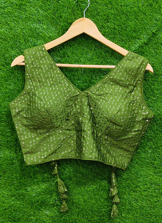 Green Raw Silk Embroidered Readymade Padded Blouse