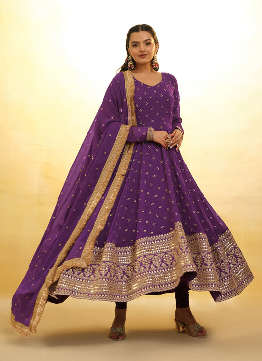 Purple Embroidered Georgette Readymade Anarkali Suit