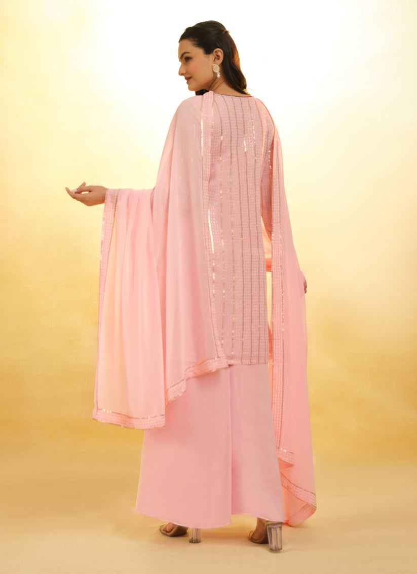 Blush Pink Embroidered Georgette Readymade Palazzo Suit