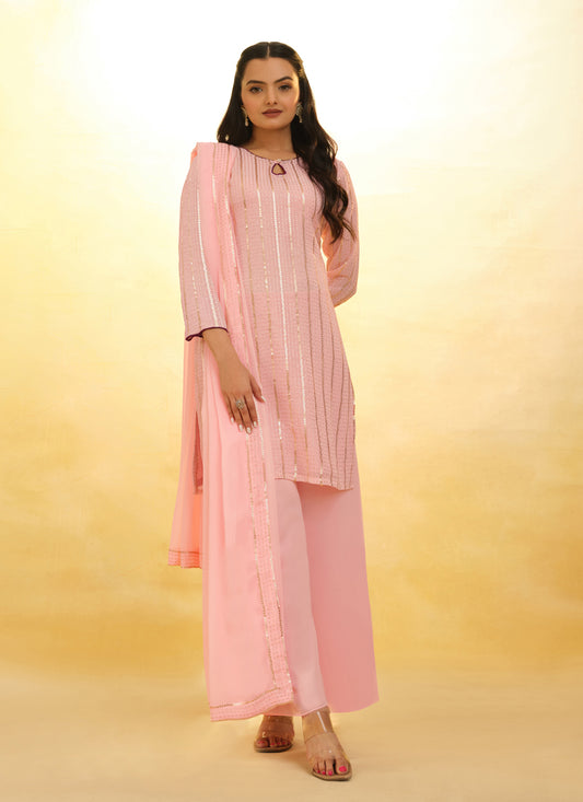 Blush Pink Embroidered Georgette Readymade Palazzo Suit