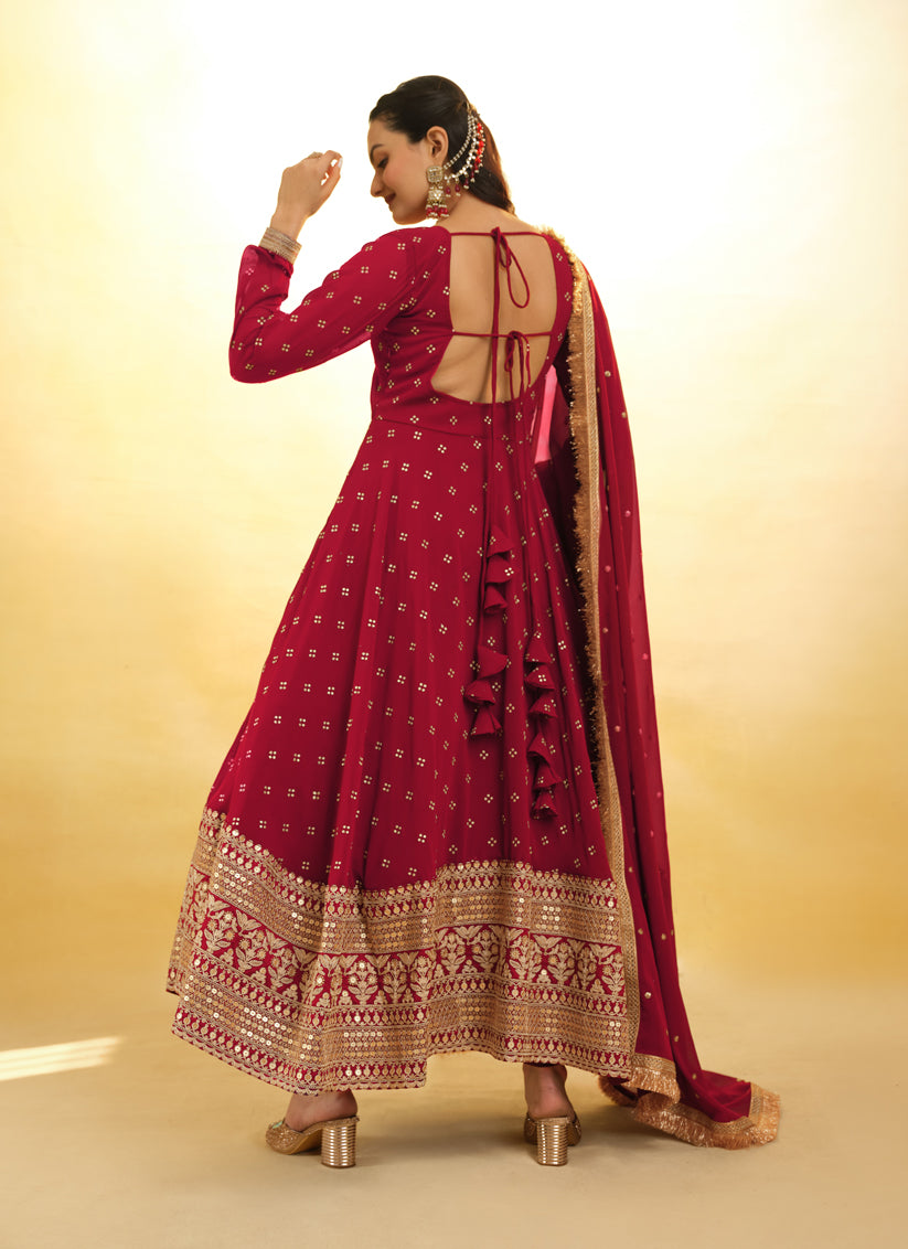 Berry Red Embroidered Georgette Readymade Anarkali Suit