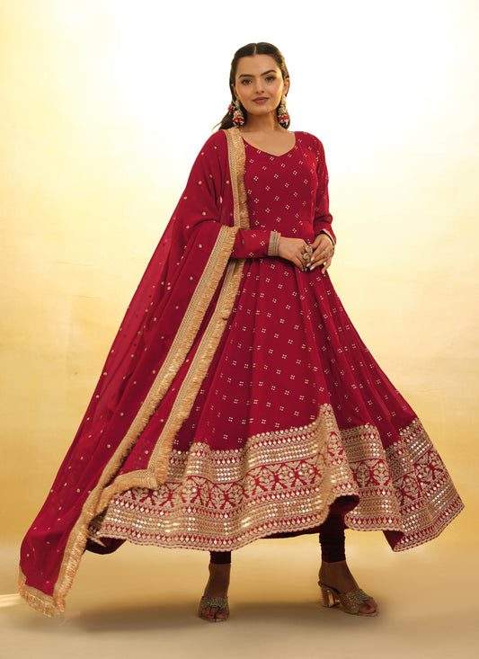 Berry Red Embroidered Georgette Readymade Anarkali Suit