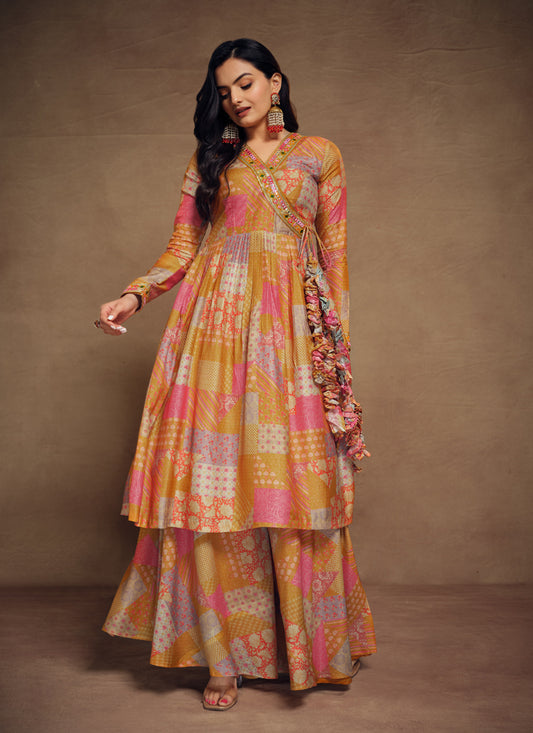 Multicolor Muslin Embroidered Readymade Palazzo Kameez
