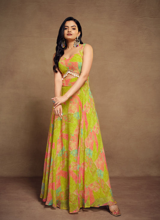 Lime Green Georgette Floral Print Gown