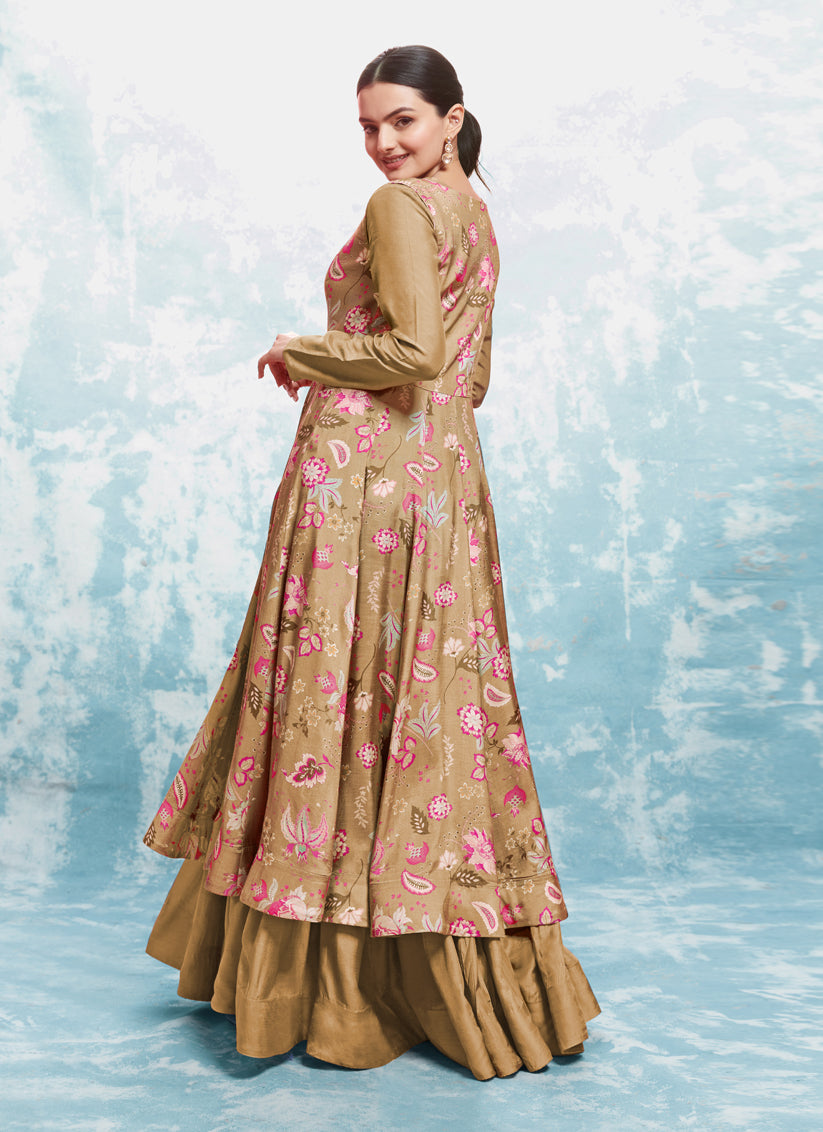 Beige Readymade Gown with Dupatta