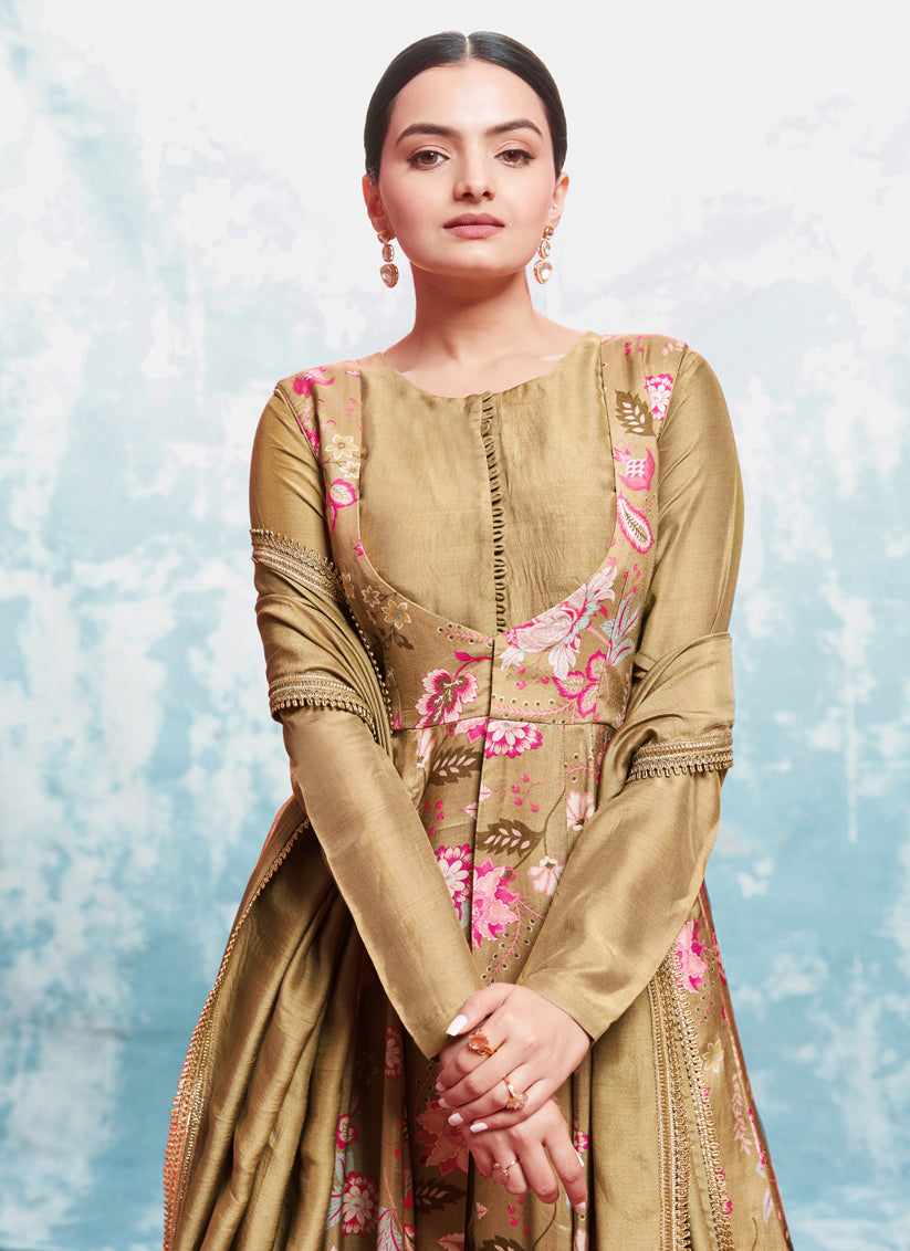 Beige Readymade Gown with Dupatta