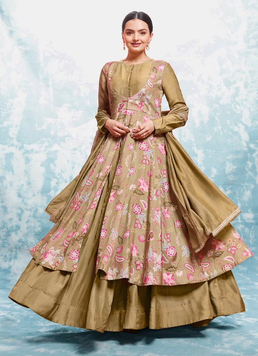 Beige Readymade Gown with Dupatta