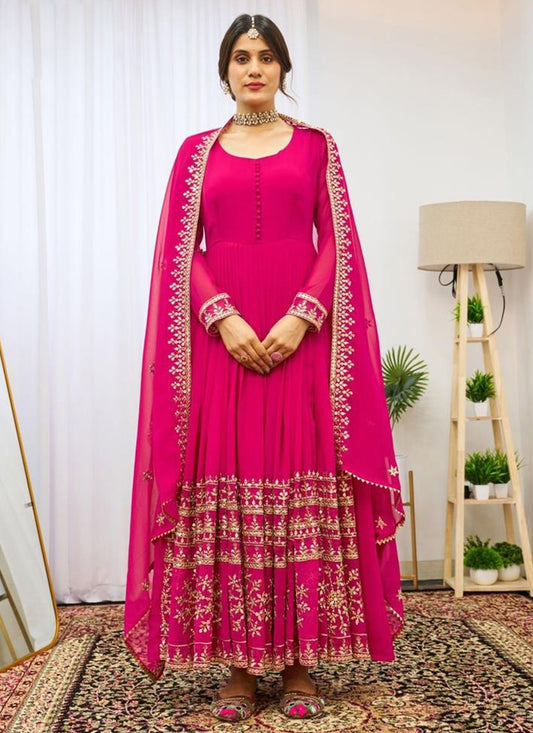 Rani Pink Georgette Embroidered Anarkali Gown with Dupatta
