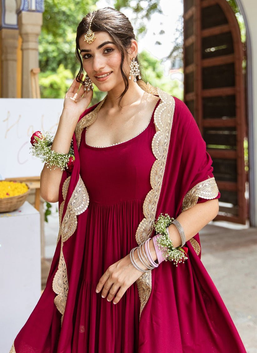 Maroon Rayon Readymade Anarkali Suit for Festival
