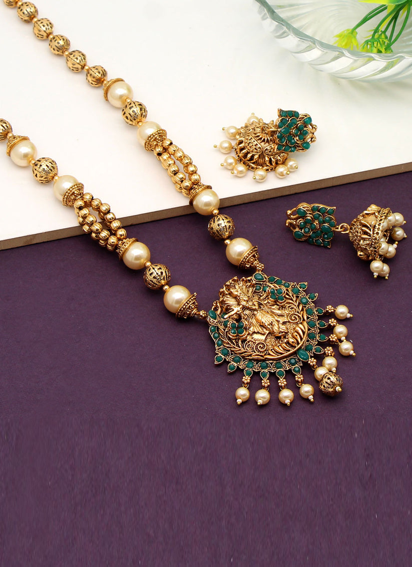 Green Lord Krishna Matte Gold Long Necklace Set