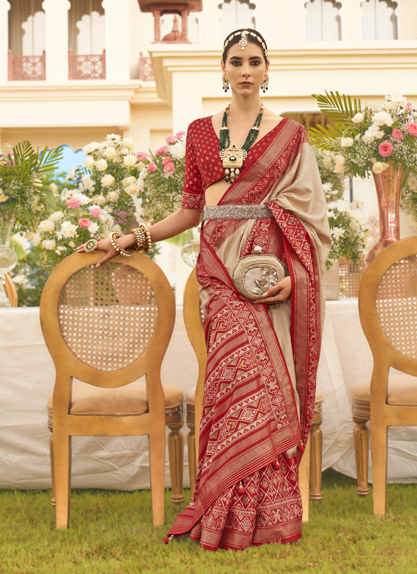 Beige Mercerized Silk Designer Saree