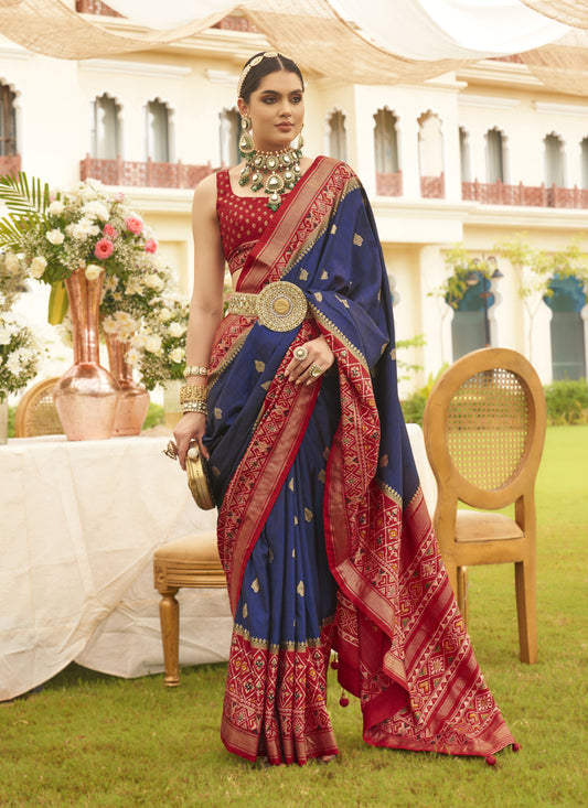 Navy Blue Mercerized Silk Designer Saree