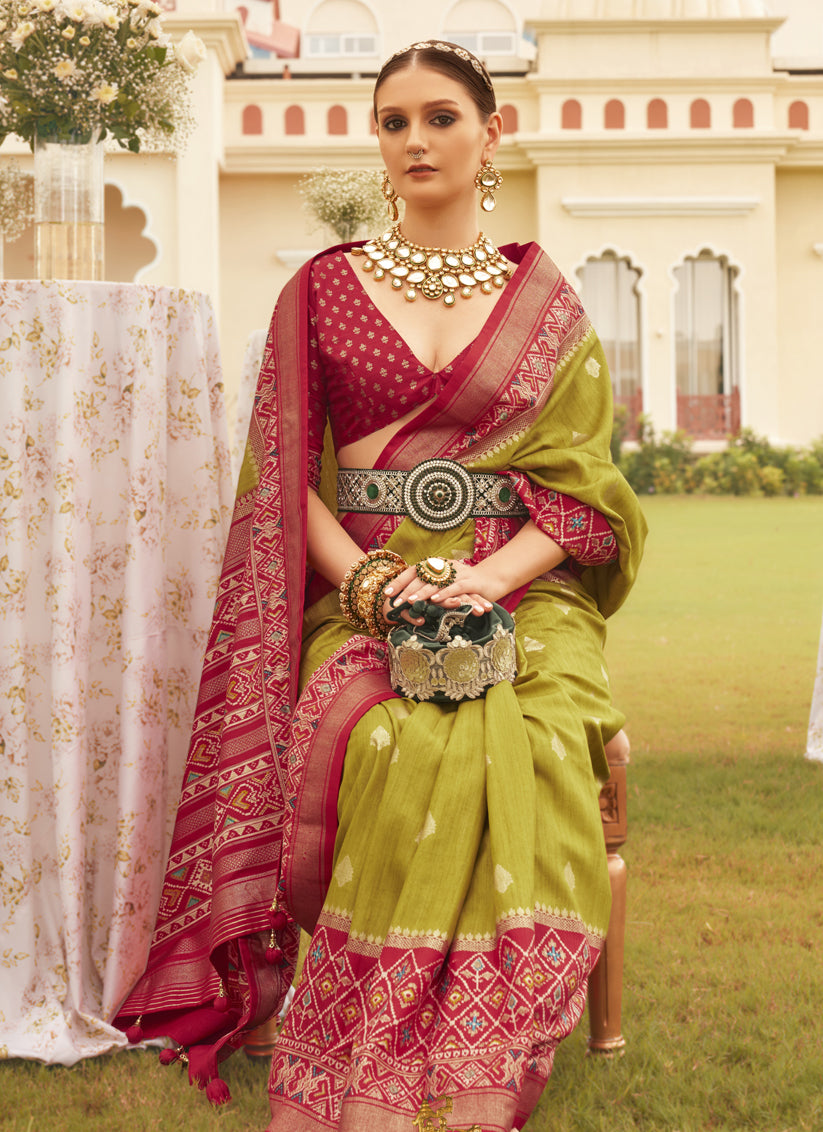 Olive Green Mercerized Silk Designer Saree